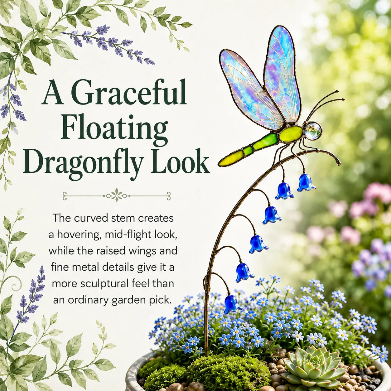 🎁 Iridescent dragonfly garden stake accented with bluebells