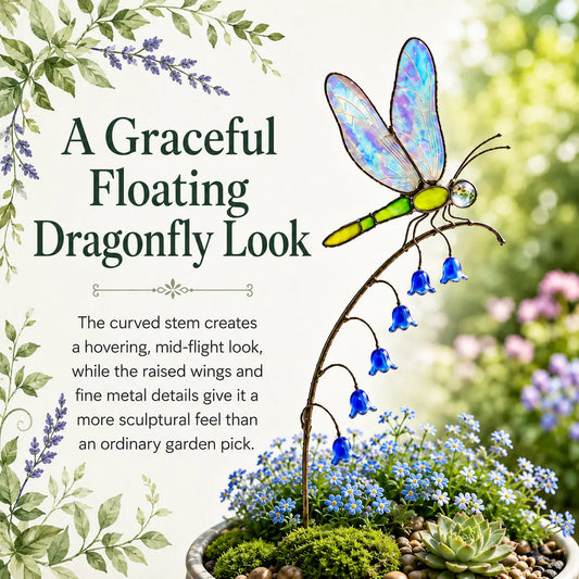 🎁 Iridescent dragonfly garden stake accented with bluebells