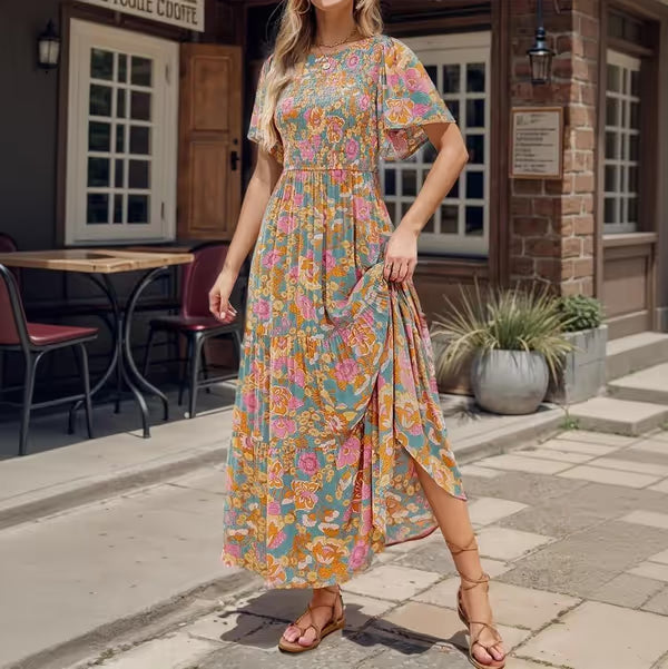Women's Casual Floral Print Short Flutter Sleeve Smocked High Waist Flowy Maxi Dress