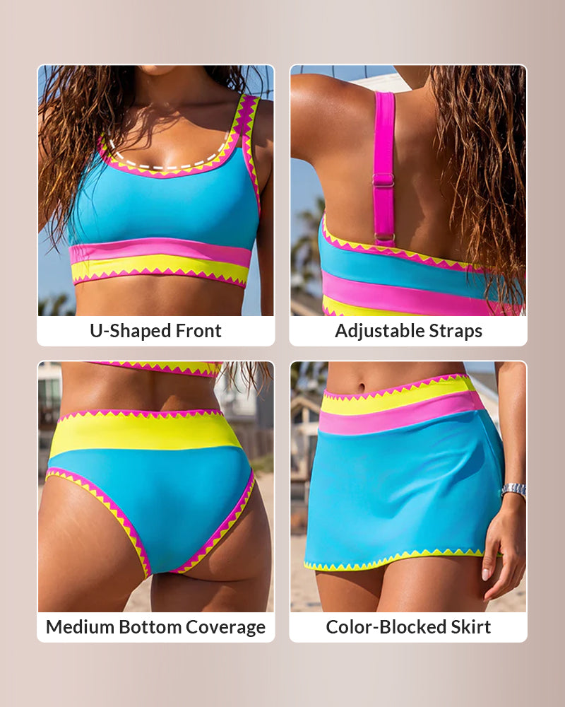 3-Piece High-Waisted Bikini Set With Skirt