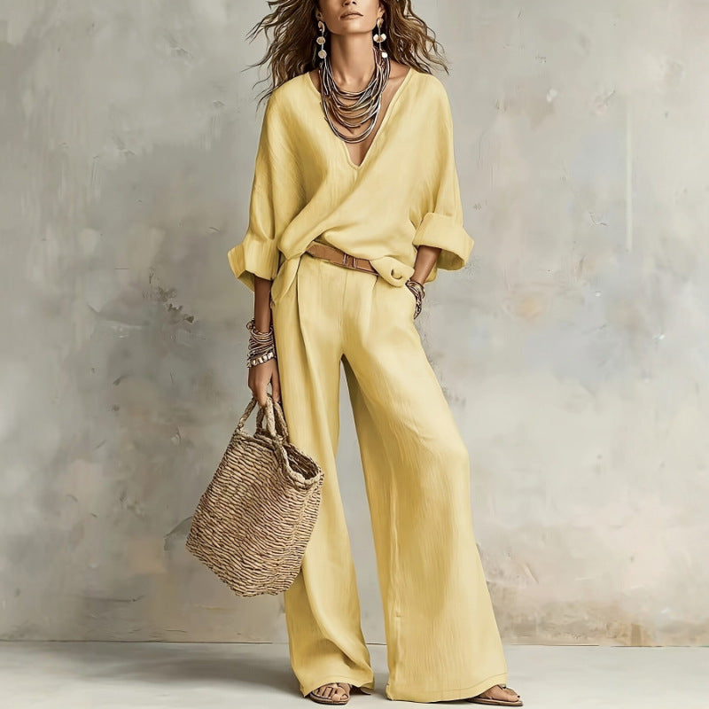 📦📦LAST DAY SAVE 49% ⏰Women's Casual Linen Vacation Set – Three-Quarter Sleeve Top & Full-Length Pants