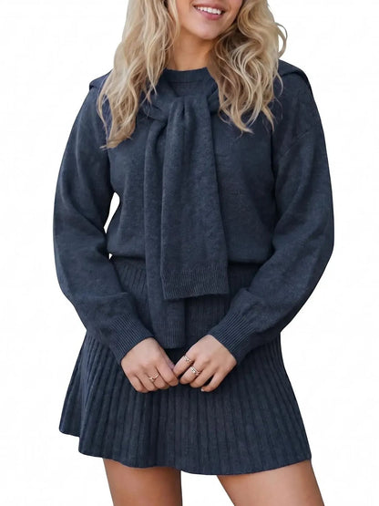 Women's Cozy Knit Tie-Neck Sweater & Skirt Set