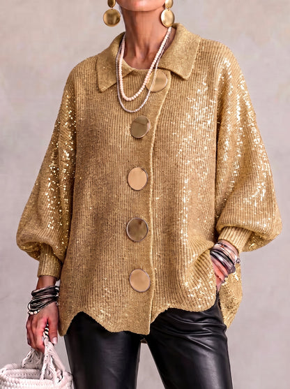 Oversized Collared Knit Cardigan With Large Metal Buttons